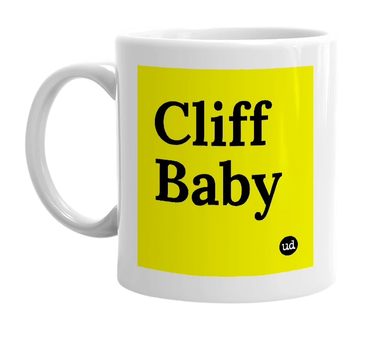White mug with 'Cliff Baby' in bold black letters