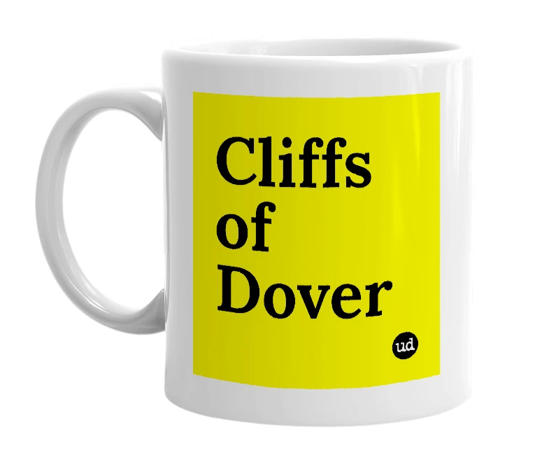 White mug with 'Cliffs of Dover' in bold black letters