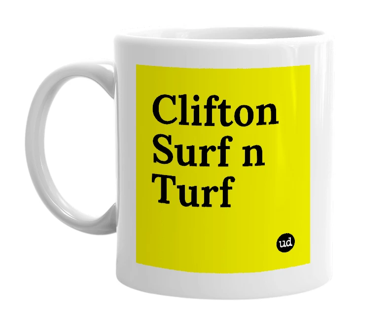 White mug with 'Clifton Surf n Turf' in bold black letters