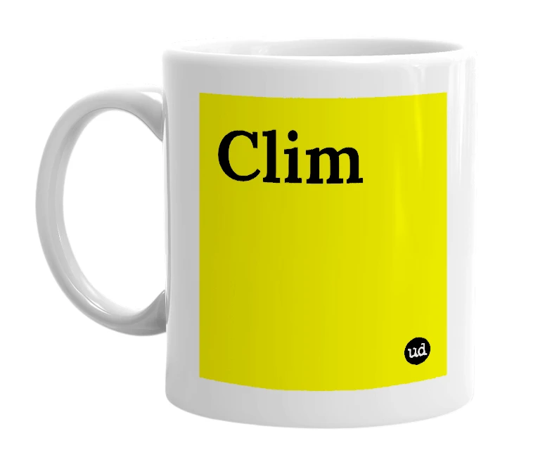 White mug with 'Clim' in bold black letters
