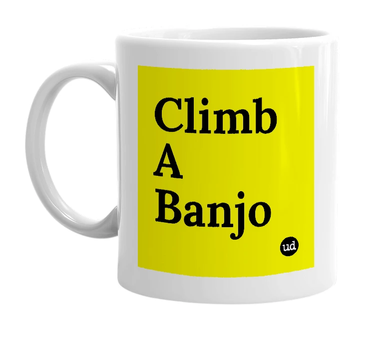 White mug with 'Climb A Banjo' in bold black letters