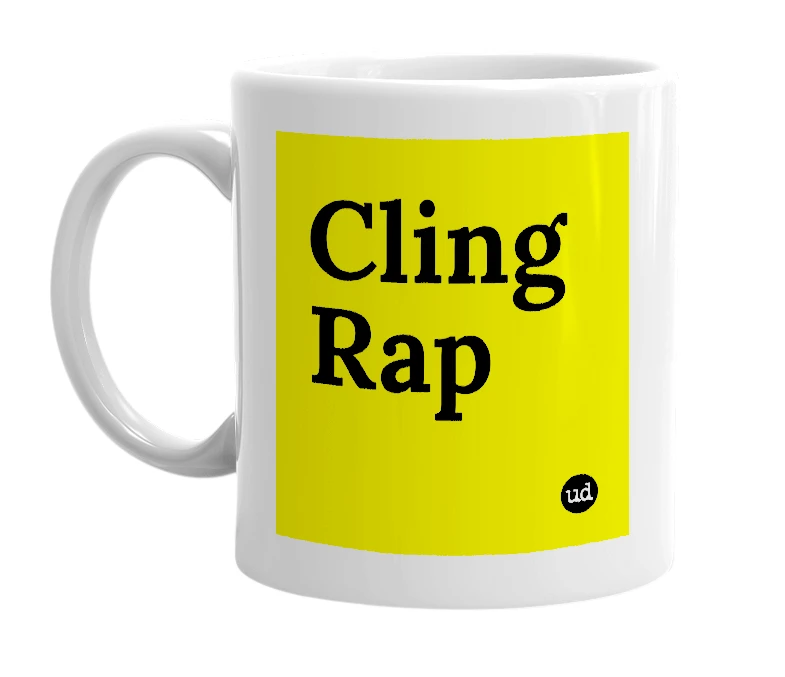 White mug with 'Cling Rap' in bold black letters