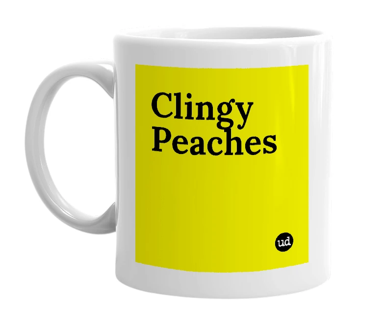 White mug with 'Clingy Peaches' in bold black letters