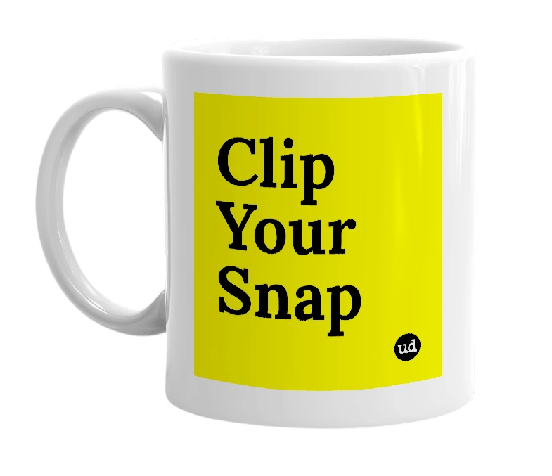 White mug with 'Clip Your Snap' in bold black letters