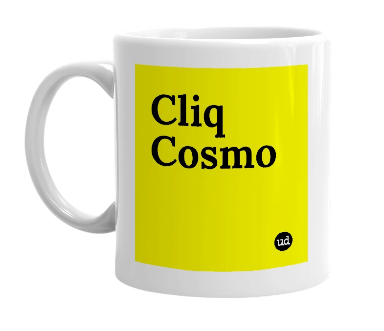 White mug with 'Cliq Cosmo' in bold black letters