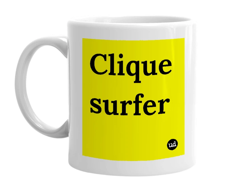 White mug with 'Clique surfer' in bold black letters