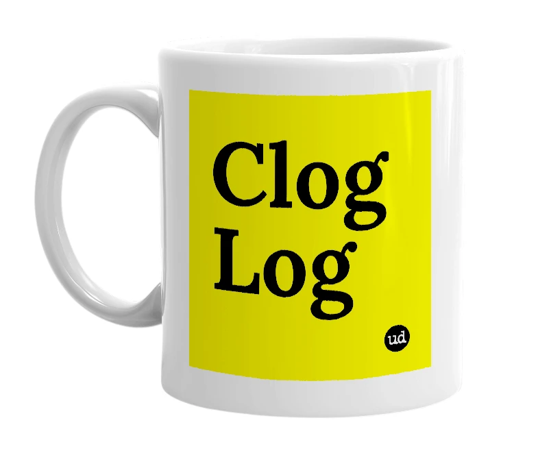 White mug with 'Clog Log' in bold black letters