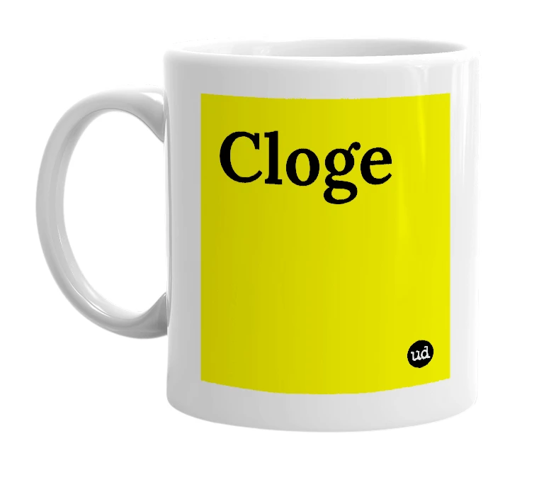 White mug with 'Cloge' in bold black letters