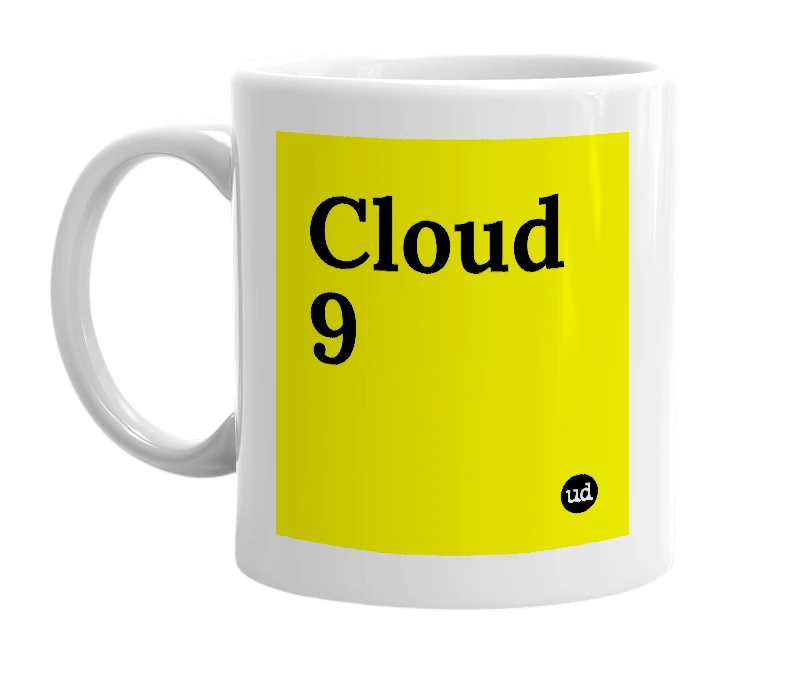 White mug with 'Cloud 9' in bold black letters