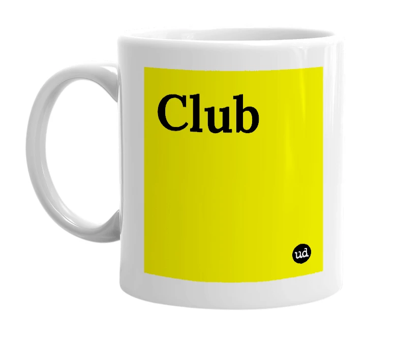 White mug with 'Club' in bold black letters