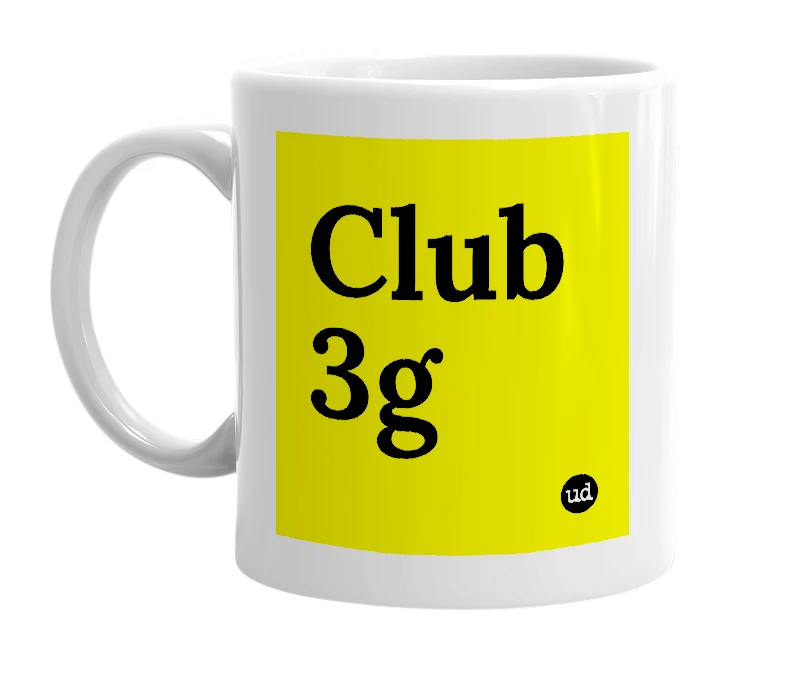White mug with 'Club 3g' in bold black letters