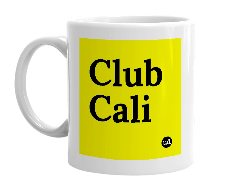 White mug with 'Club Cali' in bold black letters