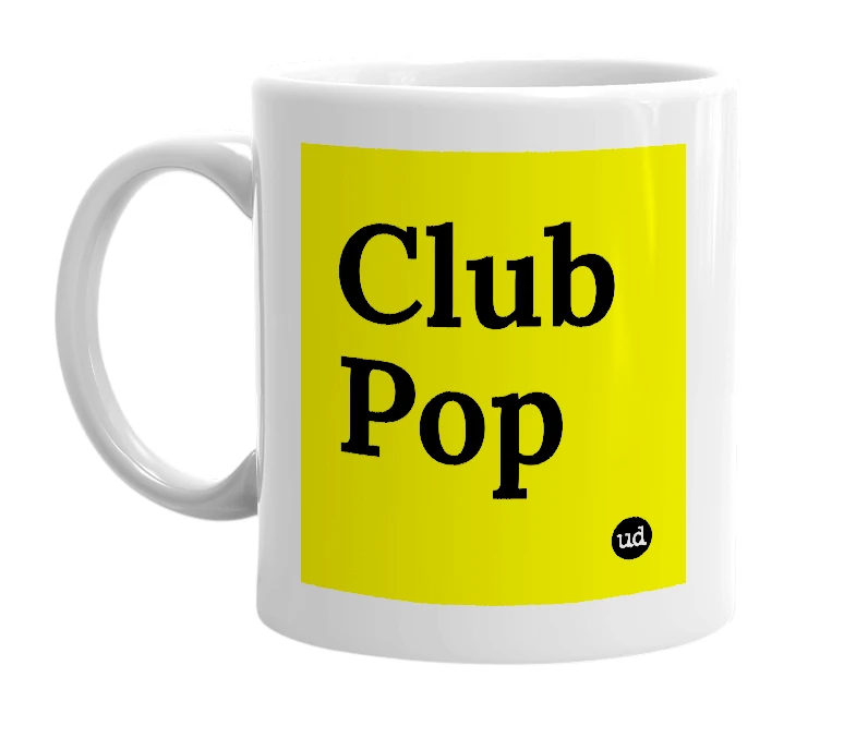 White mug with 'Club Pop' in bold black letters