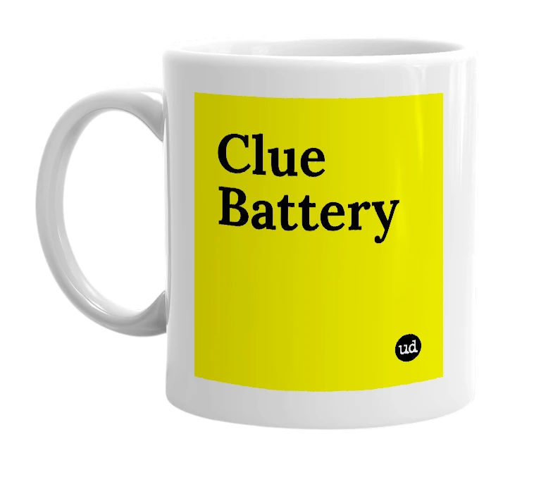 White mug with 'Clue Battery' in bold black letters