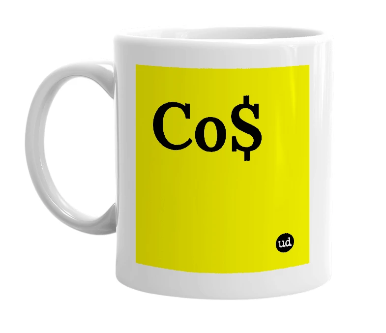 White mug with 'Co$' in bold black letters