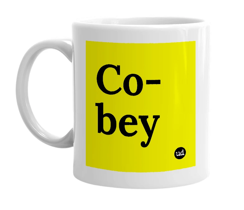 White mug with 'Co-bey' in bold black letters