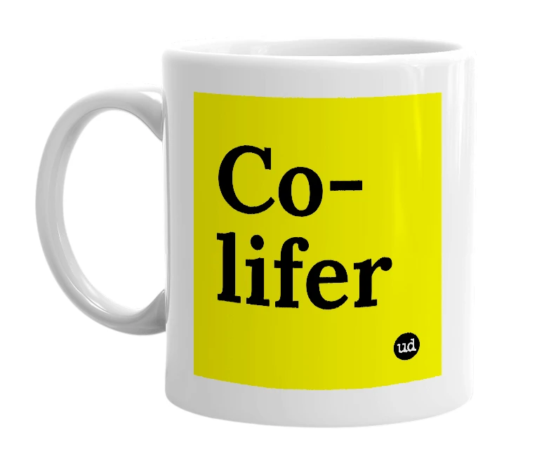 White mug with 'Co-lifer' in bold black letters