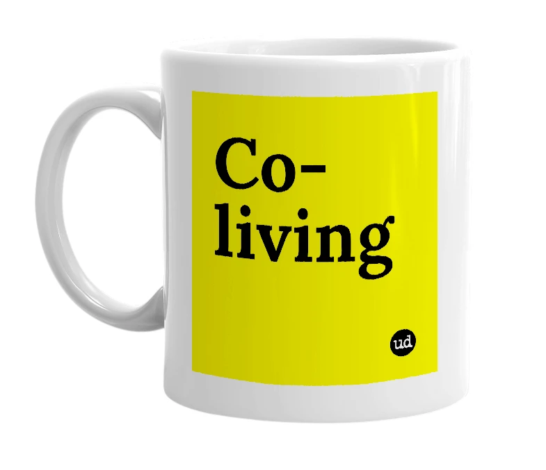 White mug with 'Co-living' in bold black letters