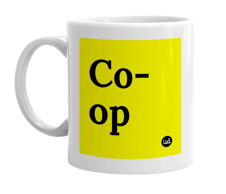 White mug with 'Co-op' in bold black letters