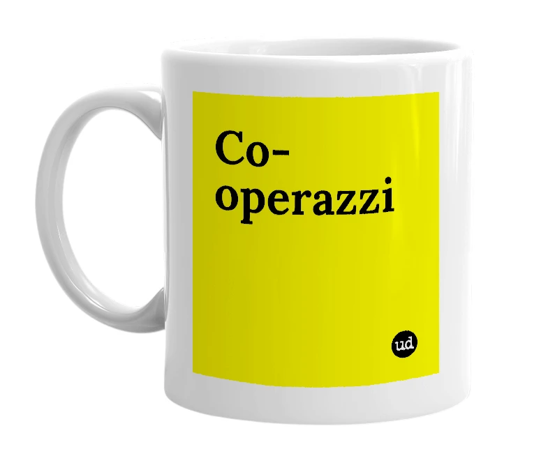 White mug with 'Co-operazzi' in bold black letters