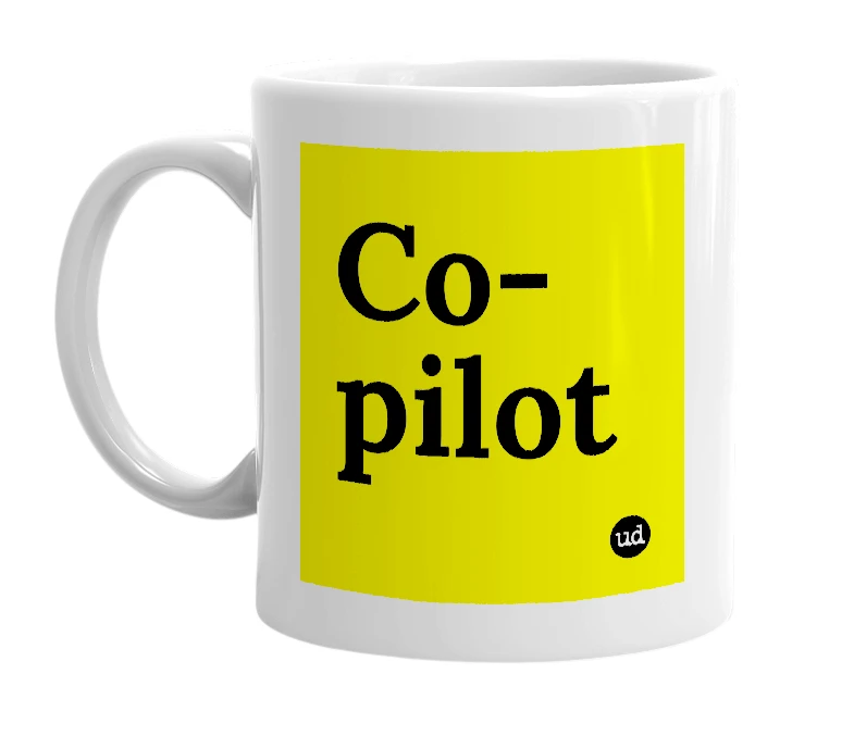 White mug with 'Co-pilot' in bold black letters