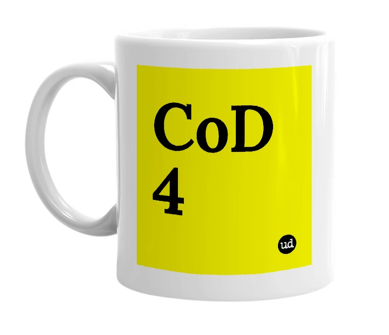 White mug with 'CoD 4' in bold black letters