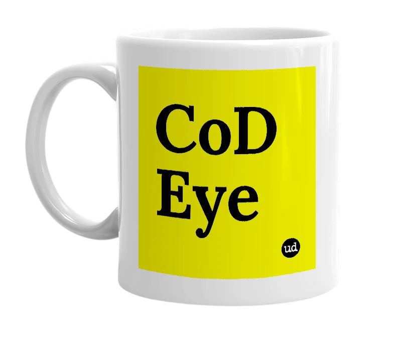 White mug with 'CoD Eye' in bold black letters