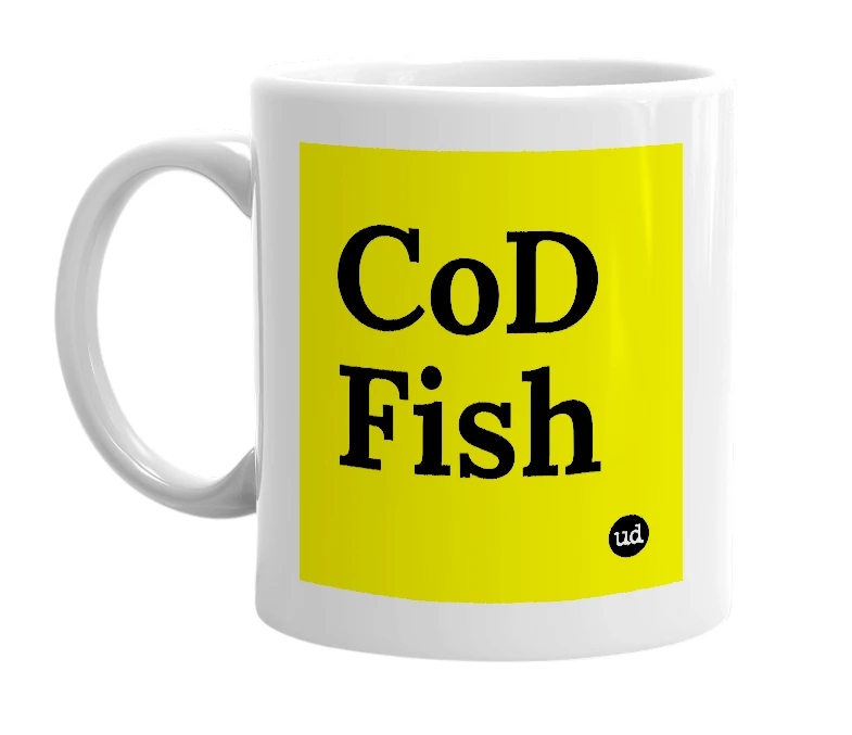 White mug with 'CoD Fish' in bold black letters