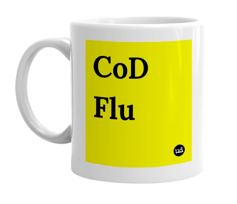 White mug with 'CoD Flu' in bold black letters