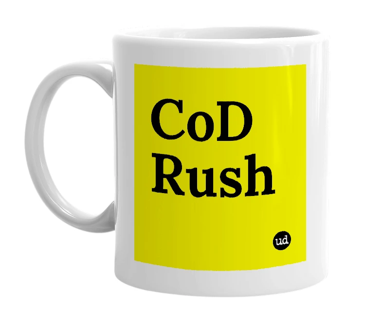 White mug with 'CoD Rush' in bold black letters