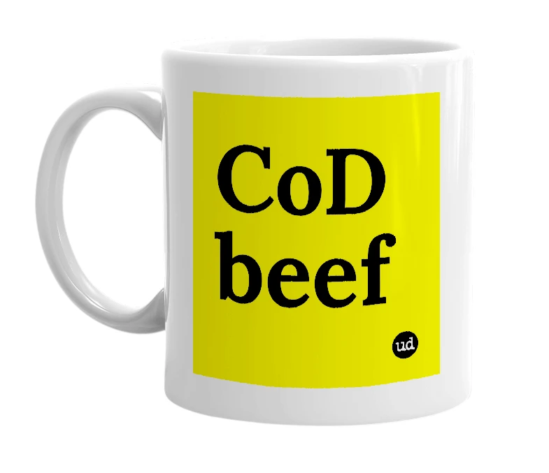 White mug with 'CoD beef' in bold black letters