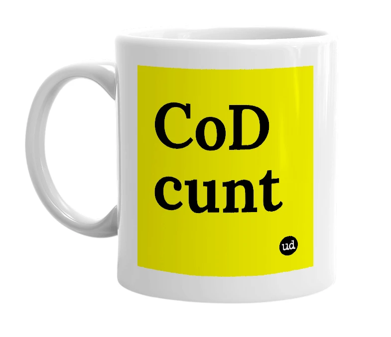 White mug with 'CoD cunt' in bold black letters