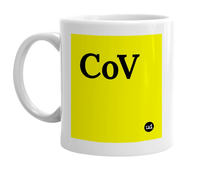 White mug with 'CoV' in bold black letters