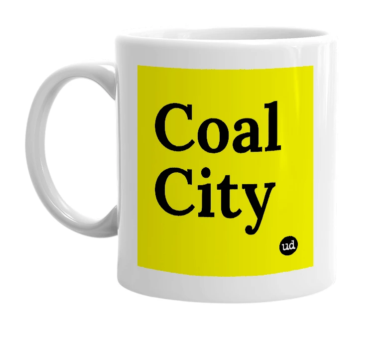 White mug with 'Coal City' in bold black letters
