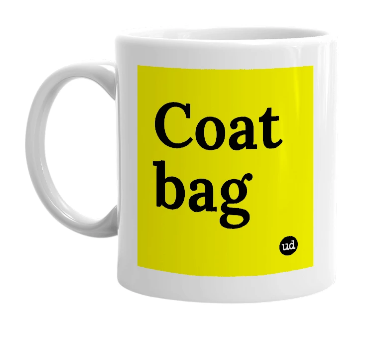 White mug with 'Coat bag' in bold black letters
