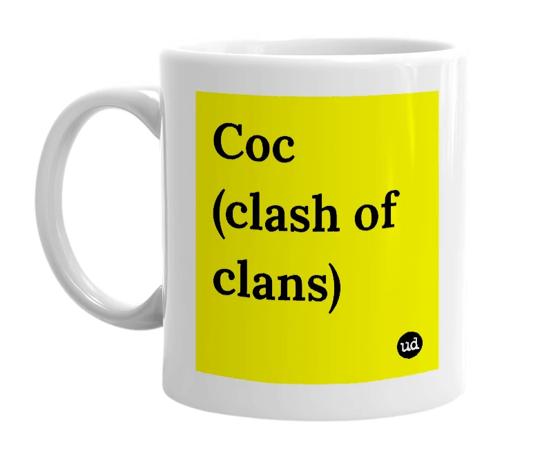 White mug with 'Coc (clash of clans)' in bold black letters