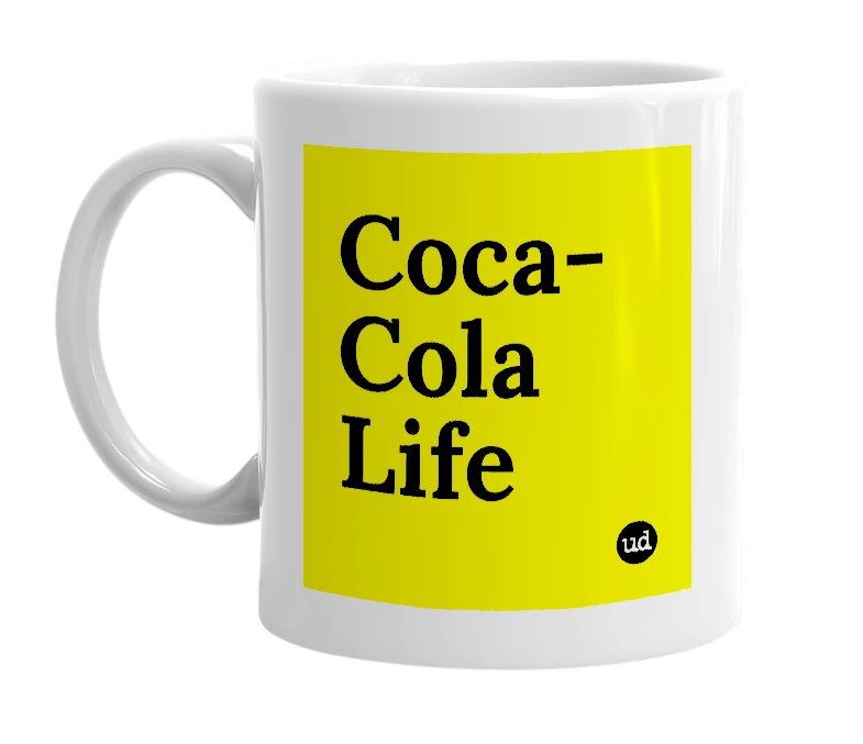 White mug with 'Coca-Cola Life' in bold black letters