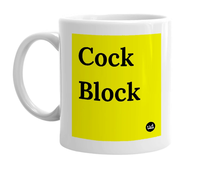 White mug with 'Cock Block' in bold black letters