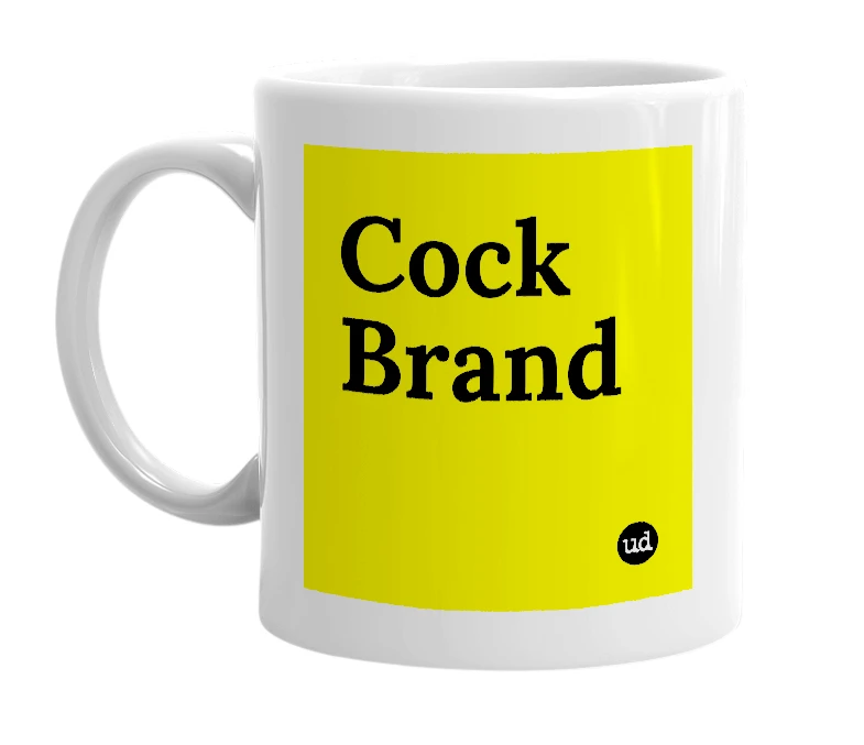 White mug with 'Cock Brand' in bold black letters