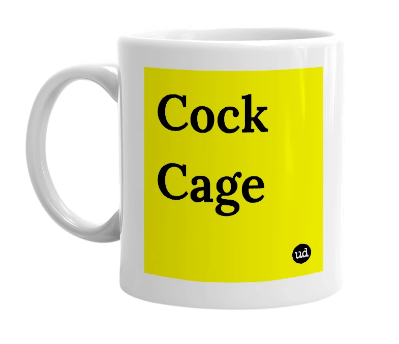 White mug with 'Cock Cage' in bold black letters