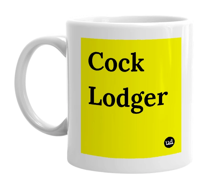 White mug with 'Cock Lodger' in bold black letters