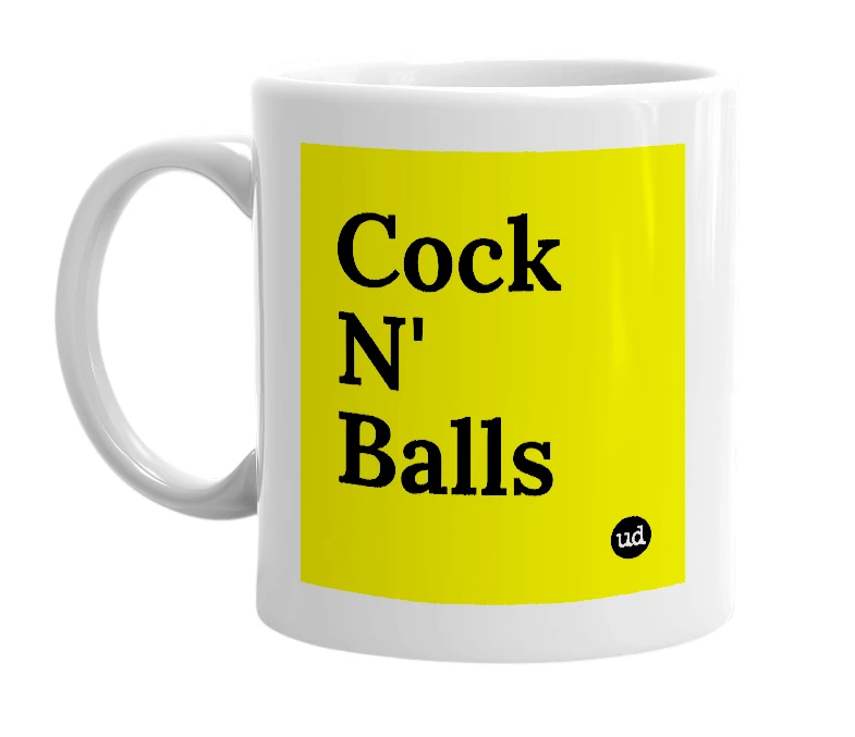White mug with 'Cock N' Balls' in bold black letters