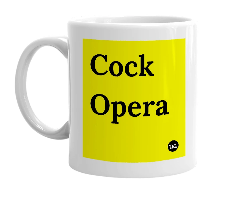 White mug with 'Cock Opera' in bold black letters