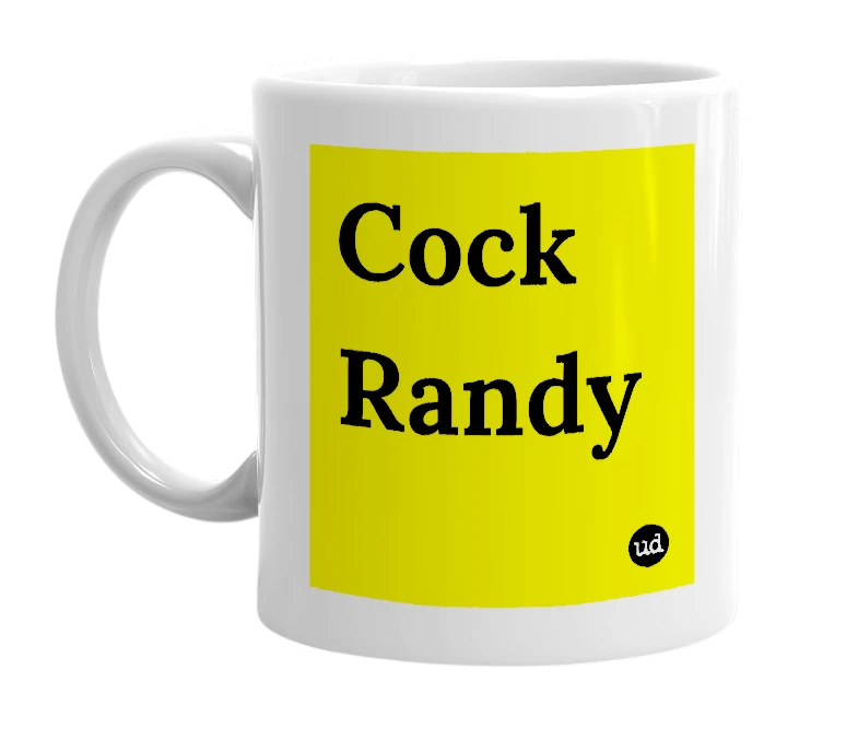 White mug with 'Cock Randy' in bold black letters