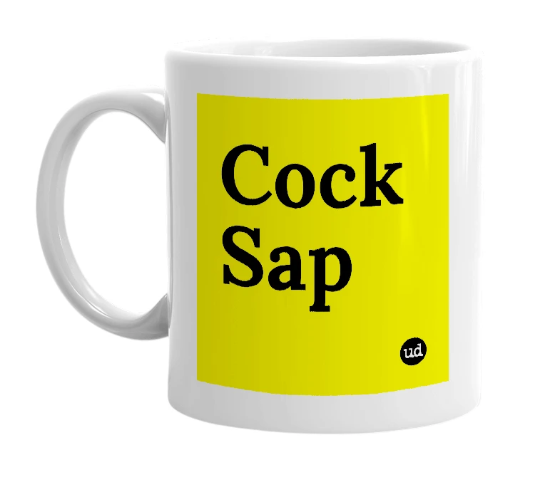 White mug with 'Cock Sap' in bold black letters