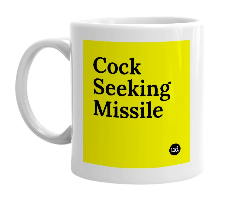 White mug with 'Cock Seeking Missile' in bold black letters