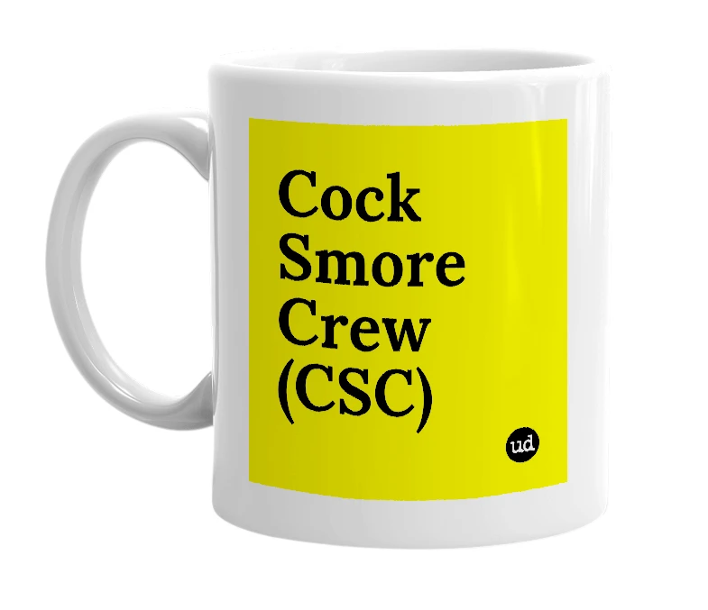 White mug with 'Cock Smore Crew (CSC)' in bold black letters