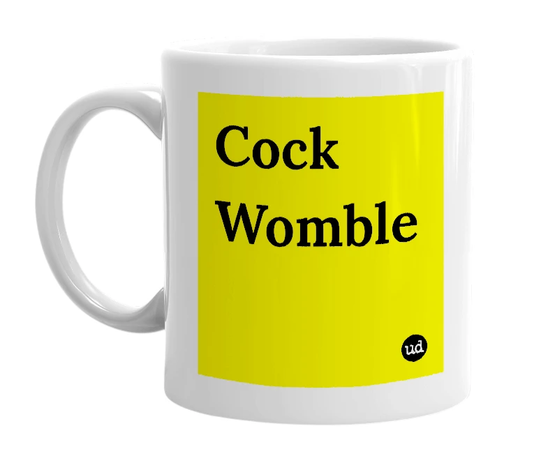 White mug with 'Cock Womble' in bold black letters