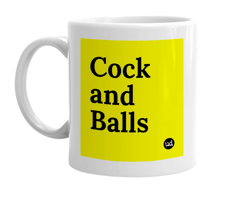 White mug with 'Cock and Balls' in bold black letters