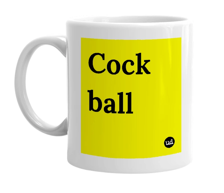 White mug with 'Cock ball' in bold black letters
